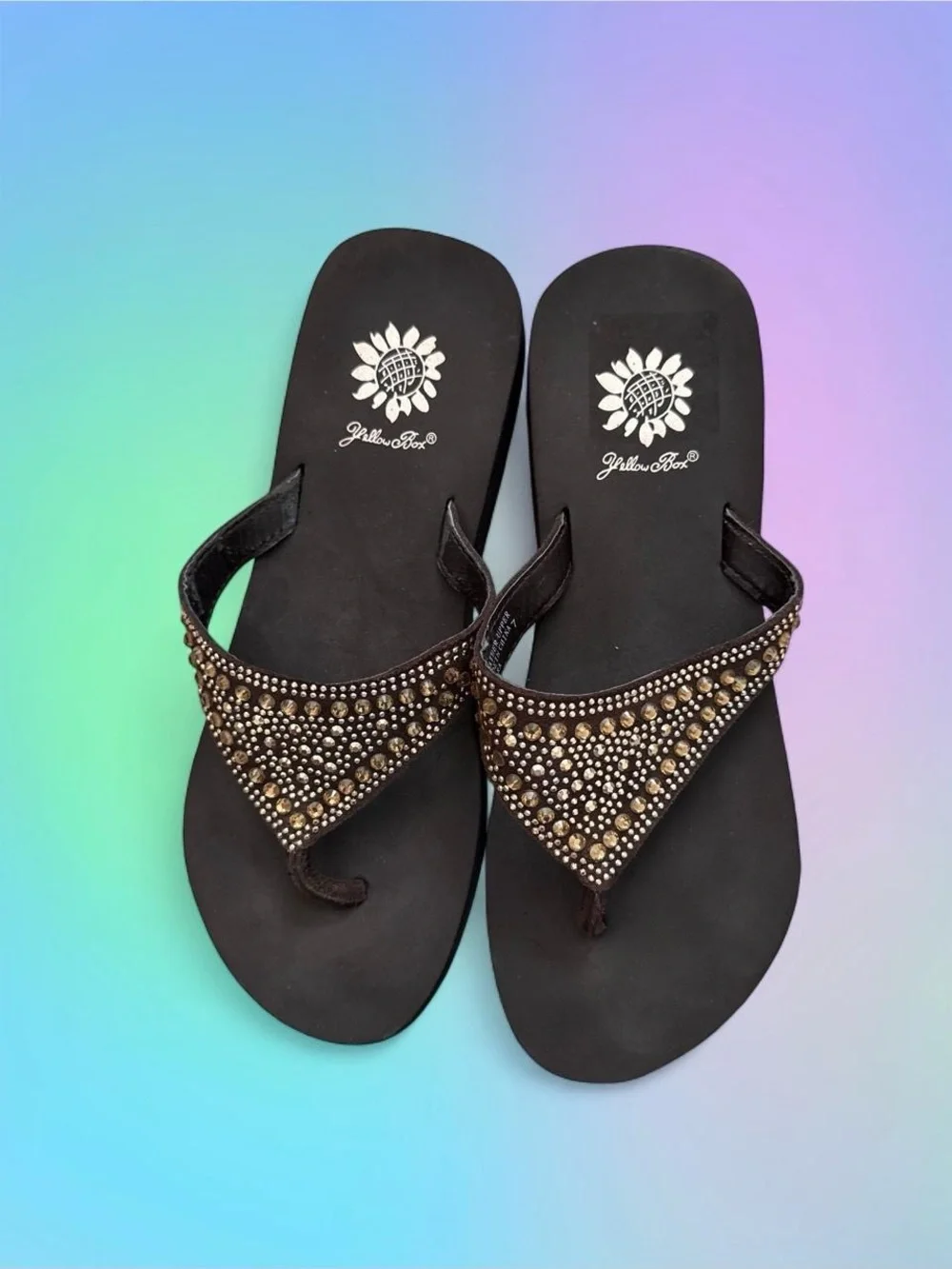 Rhinestone Genuine Leather Women's Thong Sandals- Y2K Yellow Box - Picture 2 of 5